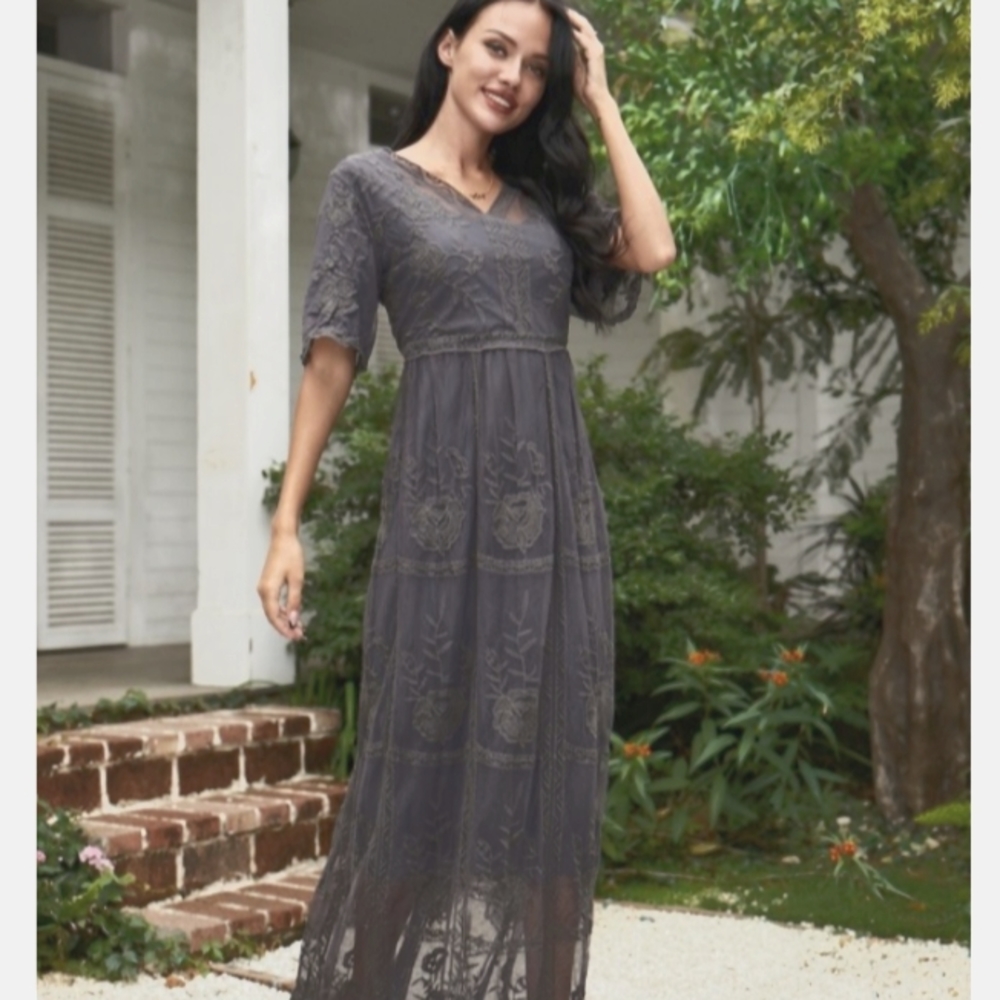 Charcoal lace overlay mesh maxi dress